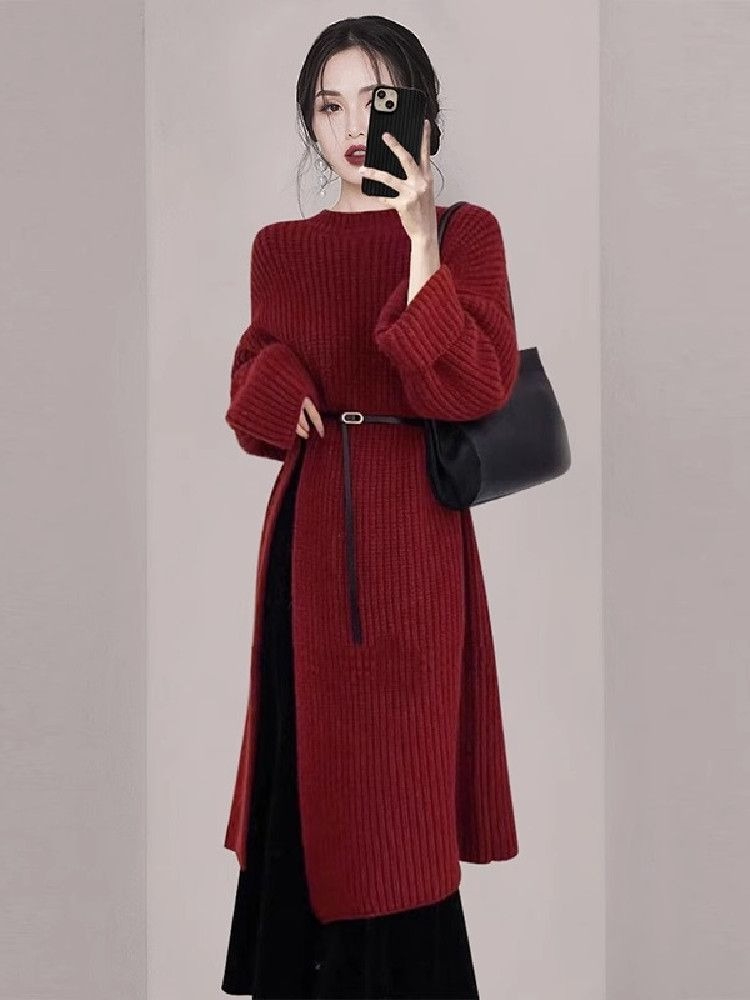 Women'S Red Formal Wear - Vestido de Tricô Vermelho Elegante para